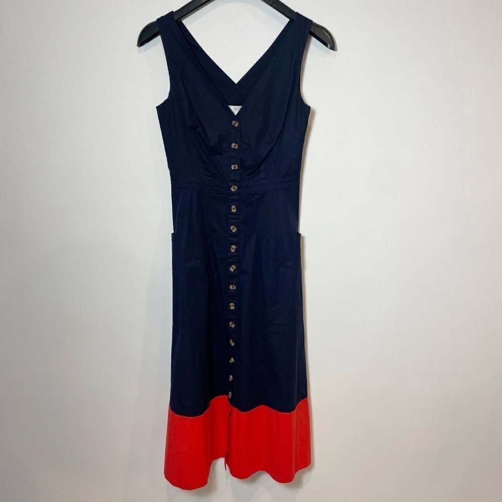 1901 Button Colorblock Fit & Flare Midi Dress Navy Red Cut Out Back 0 Sleeveless